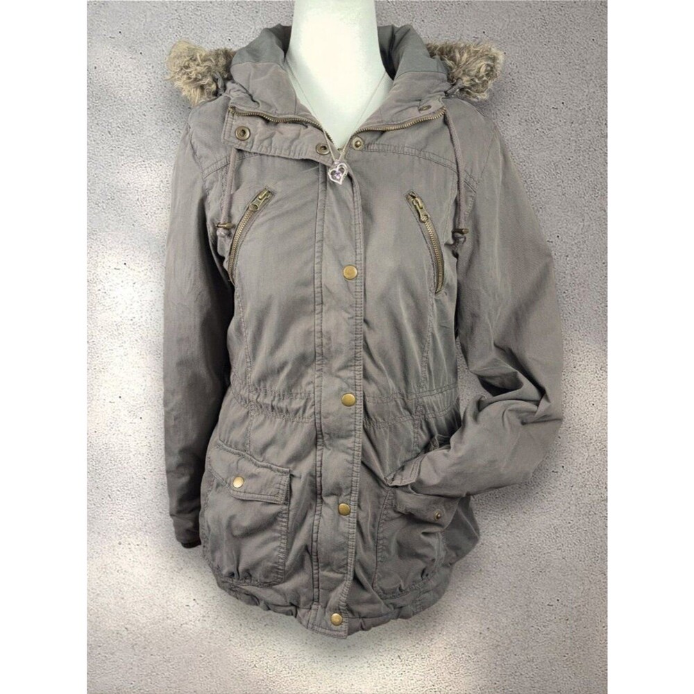 Mossimo Supply Co Hooded Parka Jacket Women’s L Gray Faux Fur Utility Grunge Y2K